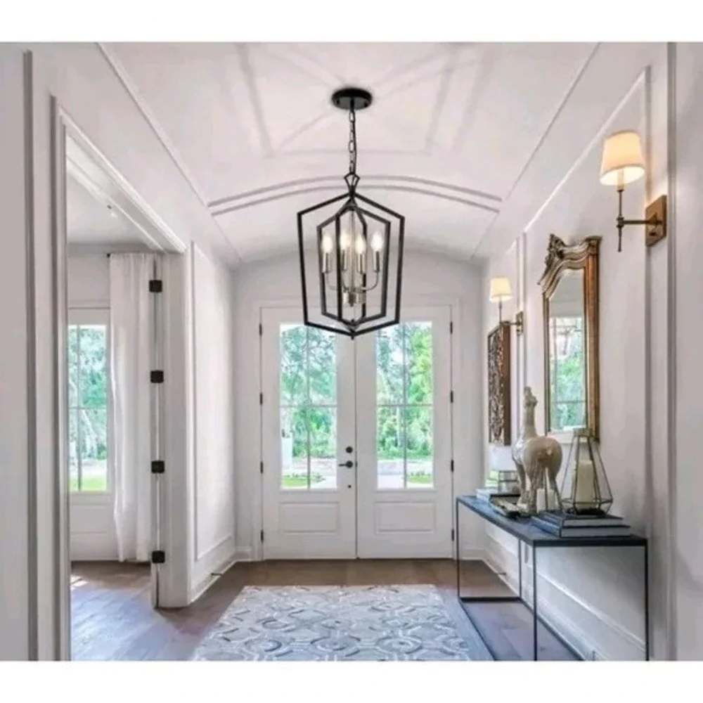 4-Light Black Farmhouse Chandelier Light Fixture‎ Iron Lantern Pendant Light